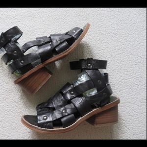 Free People x Revolve River Stone Black Leather Strappy Block Heel Sandals